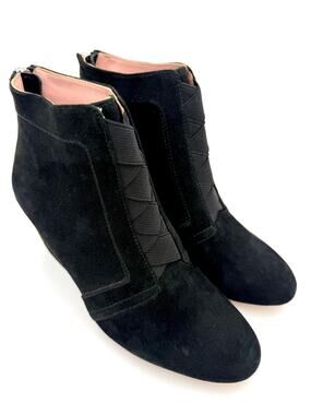 Taryn Rose Kamer Ankle Booties Black Suede Size 7 Elastic Wedge Heel